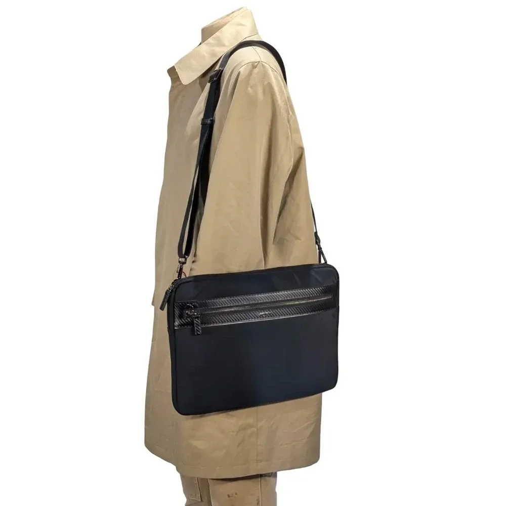 Tumi Mens Black Nylon Crossbody Messenger Bag Carbon Fiber Trim Zip NWT $395 - Picture 3 of 12